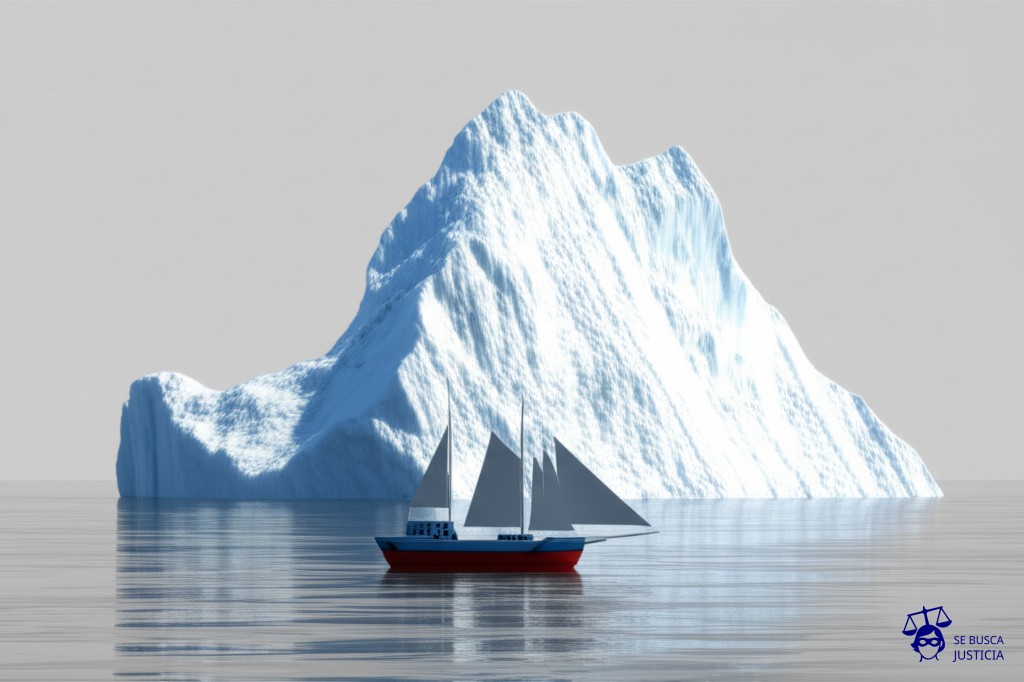 Un iceberg que se acerca a un barco, con el barco aparentemente ajeno al peligro, navegando plácidamente. Representa: Omisión de advertencia sobre riesgos de productos financieros