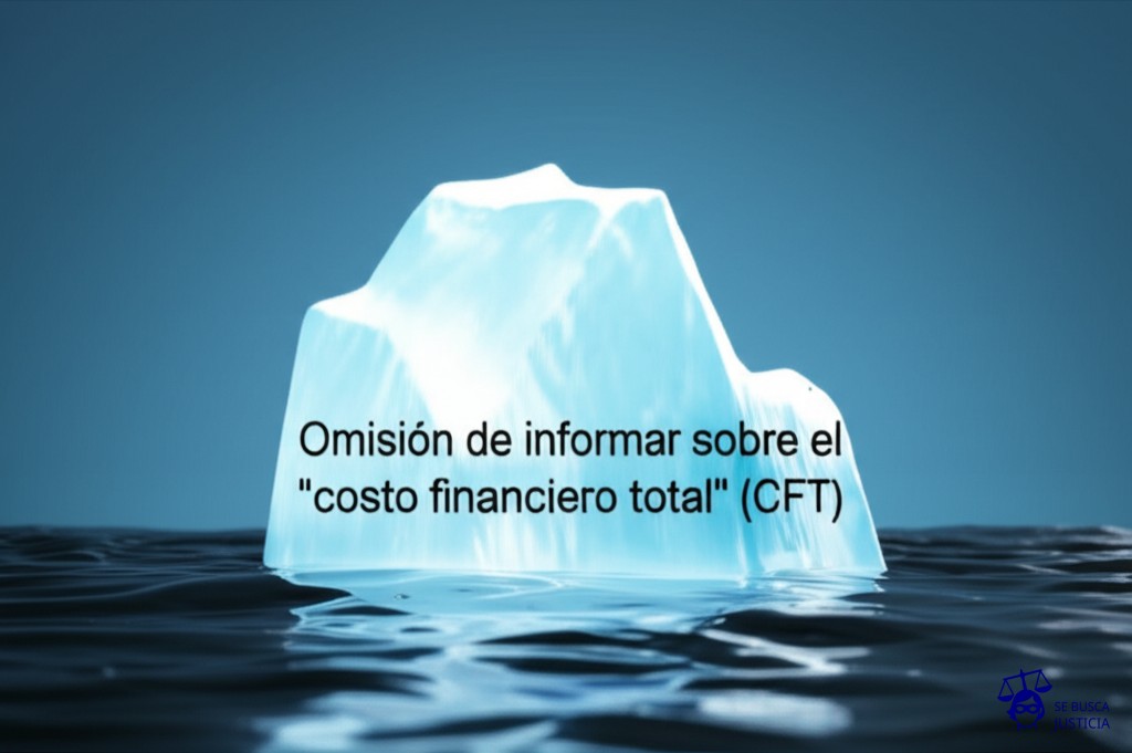Un iceberg, con la parte visible (pequeña) representando la información oficial y la parte sumergida (enorme) representando el CFT no revelado. Representa: Omisión de informar sobre el "costo financiero total" (CFT)