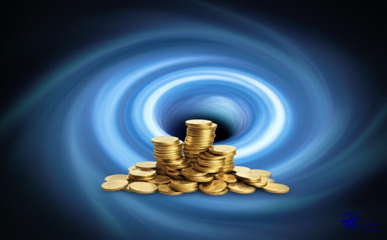 Un gran agujero negro tragándose una pila de monedas doradas. Representa: Omisión en el pago de tasas o impuestos comerciales