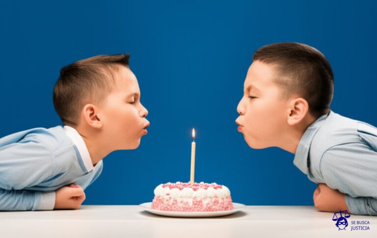 Un pastel de cumpleaños con una sola vela, y dos niños grandes (uno es más grande que el otro) intentando soplarla al mismo tiempo, pero cada uno soplando en direcciones opuestas, con caras de disgusto. Representa: Oposición de los hijos mayores a la adopción