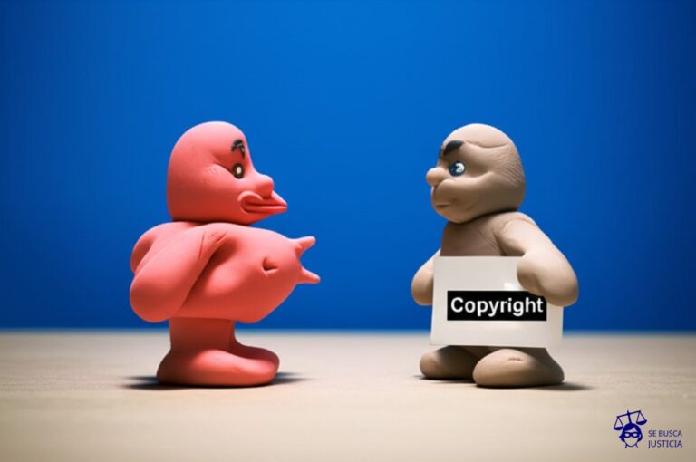 Un muñeco de plastilina con la forma de un personaje de videojuego, con múltiples protuberancias y deformaciones, se enfrenta a otro muñeco de plastilina idéntico pero con una etiqueta de Copyright pegada. Ambos están en una mesa de juego. Representa: Orlan demandó a una empresa de videojuegos por usar sin permiso su imagen corporal alterada quirúrgicamente