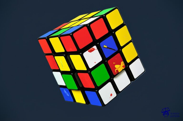 Un gran cubo de Rubik desordenado y a medio resolver, con algunos de sus lados pintados con brochazos torpes y desiguales. Representa: Pablo Mora ha abordado la politica en su arte lo que puede generar controversia y debate publico