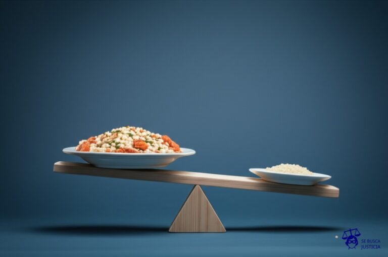 Un balancín. En un lado, un plato de comida rebosante. En el otro, un solo grano de arroz. Representa: Padre solicita disminución de alimentos por desempleo
