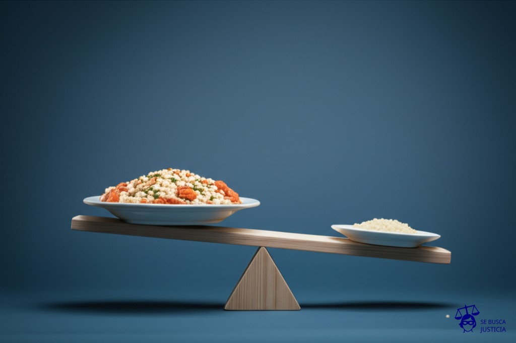 Un balancín. En un lado, un plato de comida rebosante. En el otro, un solo grano de arroz. Representa: Padre solicita disminución de alimentos por desempleo