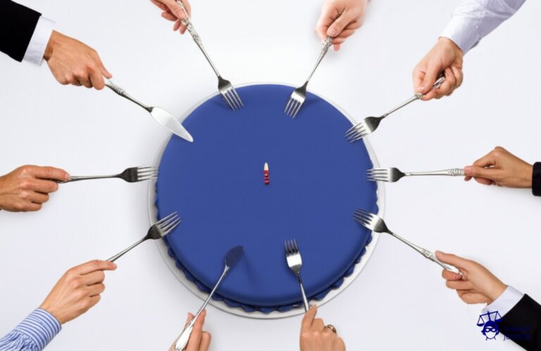 Un gran pastel con una sola vela encendida, pero con un montón de invitados alrededor, cada uno con un tenedor, listos para comer. Representa: Participación de Estados en organizaciones internacionales sin cumplir requisitos