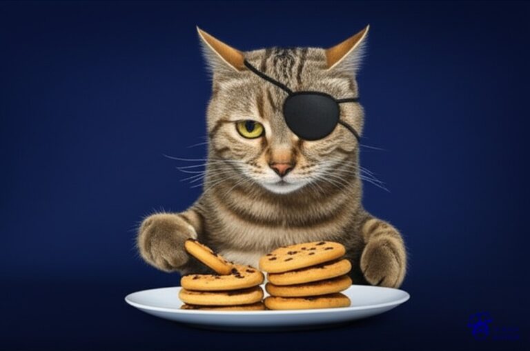 Un gato sigiloso, con un parche en el ojo, metiendo la pata en un plato de galletas. Representa: Participación militar en conflictos sin declaración de guerra