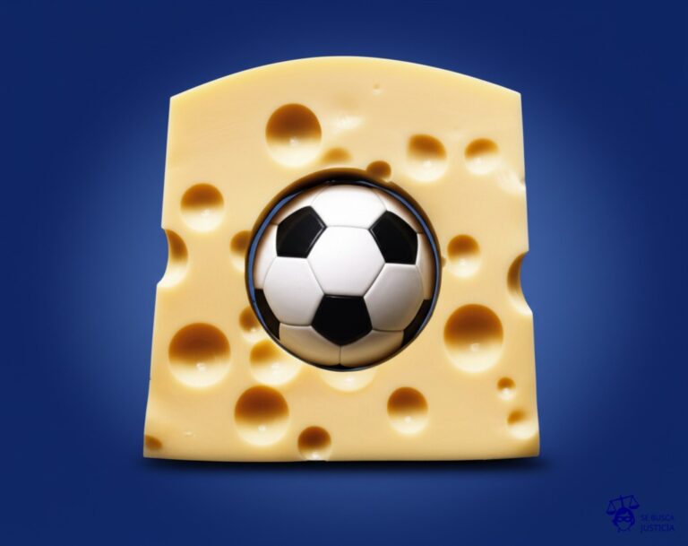 Un gran queso suizo con un agujero perfecto y una pelota de fútbol justo en el centro, sin tocar el queso. Representa: Penal no cobrado a Diego Costa en final Champions 2014 (Real Madrid vs Atlético)