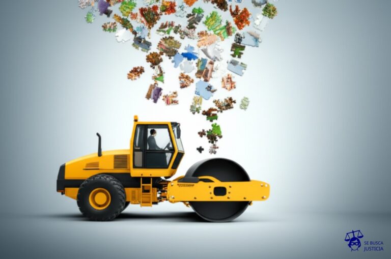 Un gran rompecabezas con piezas de animales y plantas, siendo engullido por una apisonadora gigante. Representa: Pérdida de biodiversidad por obras de infraestructura