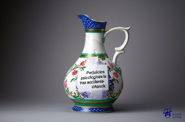 Un jarrón de porcelana finamente decorado, astillado y pegado con cinta adhesiva. Representa: Perjuicios psicológicos tras accidente