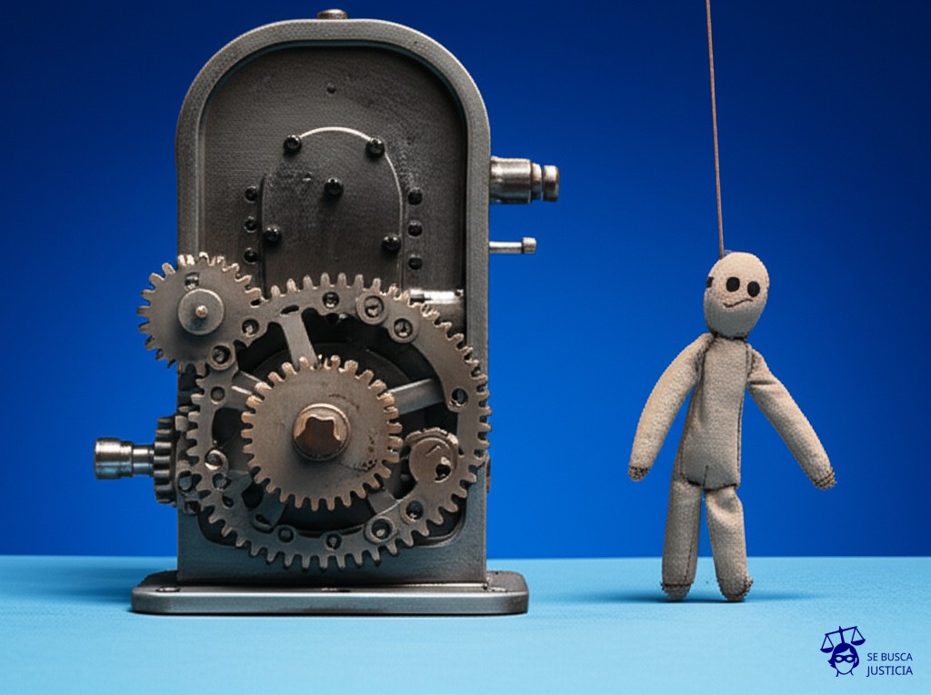 Un pequeño muñeco de trapo (representando a Piero) siendo tragado por una gran máquina industrial (representando el estado), con engranajes oxidados y chirriantes. El muñeco está a punto de desaparecer por completo. Representa: Piero sufrio el embate de la maquinaria represiva del estado durante la dictadura argentina