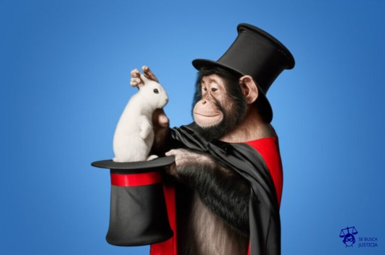 Un mono con un sombrero de mago, intentando sacar un conejo de un sombrero, pero el conejo es idéntico al anterior y el mono solo está usando el sombrero ajeno. Representa: Plagio de software registrado sin autorización del autor