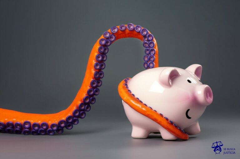 Un pulpo gigante con tentáculos que se extienden desde un banco, agarrando y estrangulando a una alcancía. Representa: Prácticas de cobranza agresivas o intimidatorias