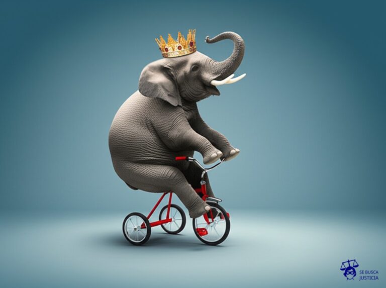 Un elefante obeso, con una corona torcida, sentado sobre un pequeño triciclo, aplastándolo. Representa: Prácticas monopólicas ilegales