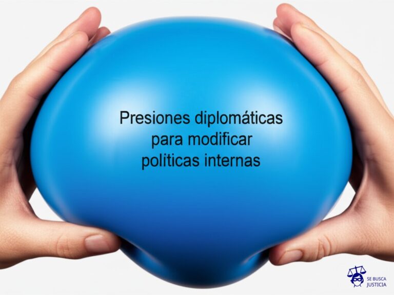Un gran globo inflado (representando un país) siendo lentamente exprimido por dos manos gigantes (representando presiones externas), deformando su forma original. Representa: Presiones diplomáticas para modificar políticas internas