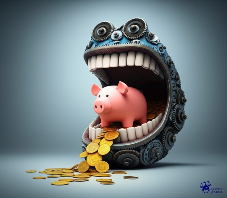 Una boca enorme, hambrienta, hecha de engranajes metálicos, tragándose un pequeño cerdito que representa el salario, mientras un chorro constante de monedas sale disparado por la parte trasera de la boca. Representa: Problemas con débitos automáticos no autorizados en cuentas sueldo