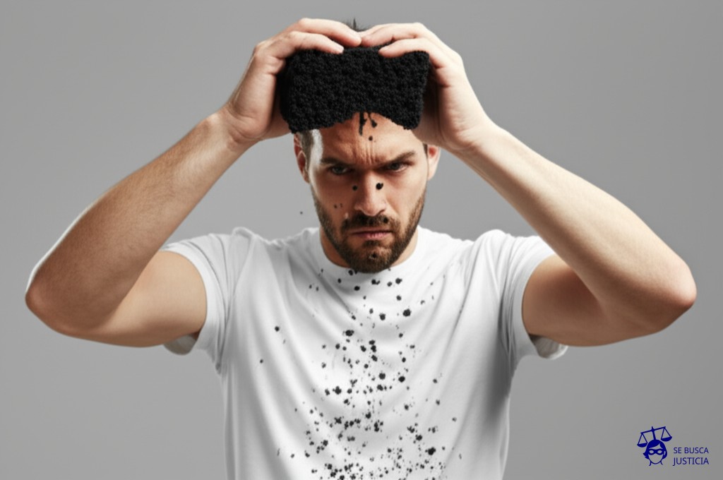 Un hombre intentando exprimir una esponja empapada en tinta negra, pero solo salen gotas minúsculas y dispersas, mientras la esponja sigue hinchada e inexpresiva. Representa: Problemas con el cobro de primas adicionales