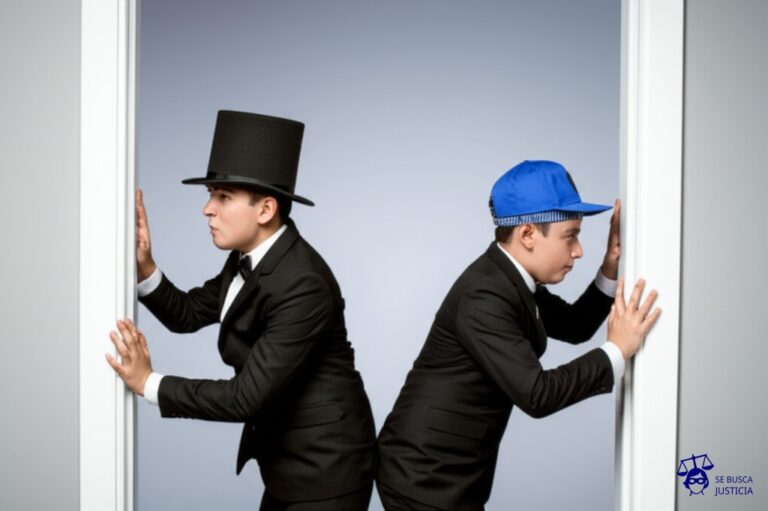 Un par de gemelos idénticos, uno con un sombrero de copa elegante y el otro con un gorro de piscina barato, ambos intentando entrar por la misma puerta estrecha. Representa: Problemas con el dominio web similar a marca registrada