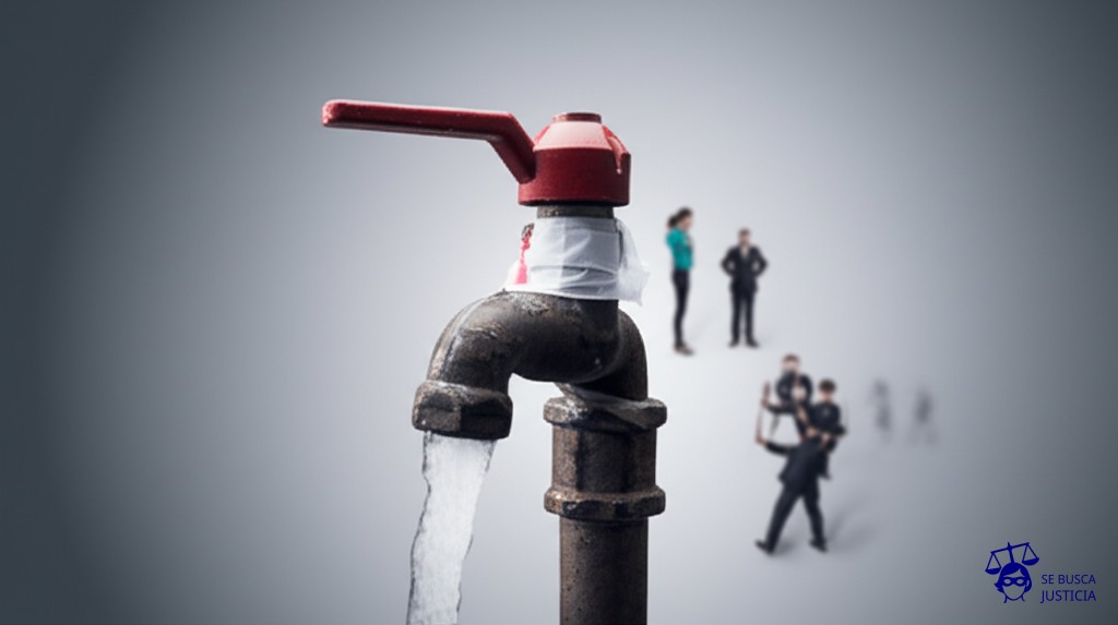 Un grupo de personas intentando sacar agua de un grifo oxidado y tapado con cinta adhesiva. Representa: Problemas con el pago de indemnizaciones en seguros colectivos