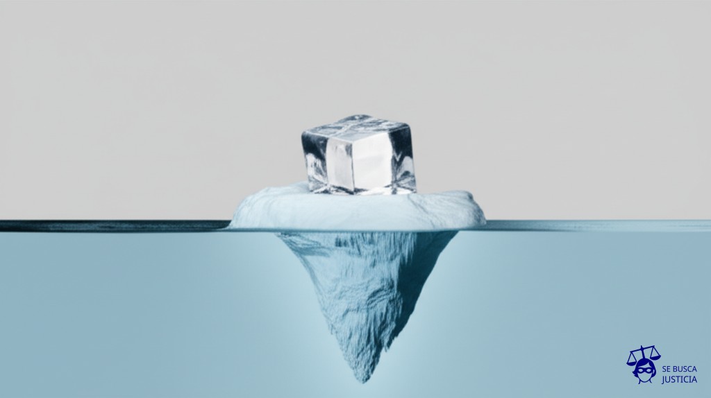 Un iceberg flotando, con la punta visible (el valor asegurado declarado) siendo un pequeño cubo de hielo, y la inmensa masa sumergida (el valor real) siendo una enorme montaña helada. Representa: Problemas con el valor asegurado declarado