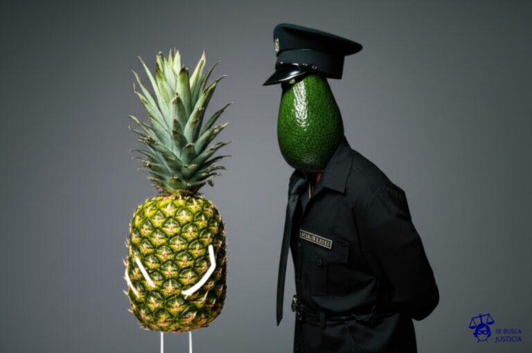 Una piña (fruta) que intenta entrar a un club nocturno, pero el guardia de seguridad (un aguacate) le impide el acceso. Representa: Problemas con exclusiones por estado previo de bienes