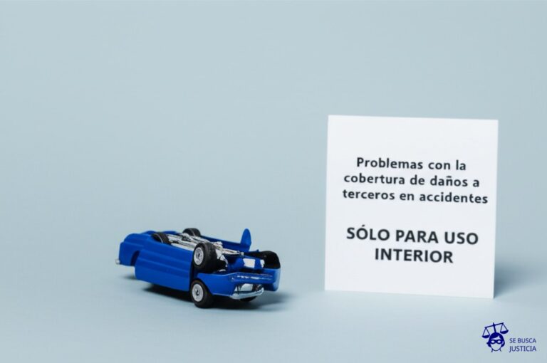Un coche de juguete destrozado en el suelo, con un letrero de SÓLO PARA USO INTERIOR a su lado. Representa: Problemas con la cobertura de daños a terceros en accidentes