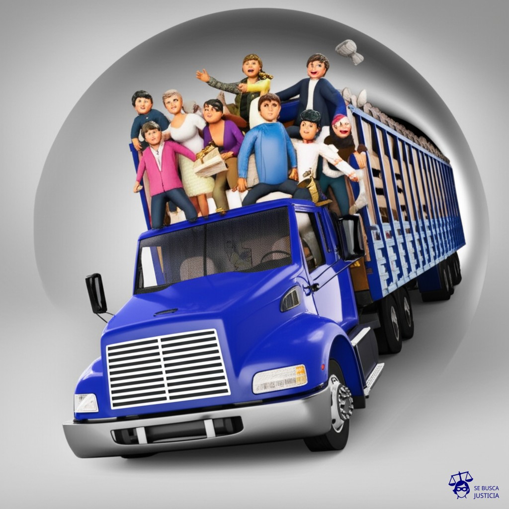 Un camión de mudanzas cargado hasta arriba de personas, intentando pasar por un túnel muy estrecho. El camión está atascado. Representa: Problemas con la cobertura de seguros para transporte de personal