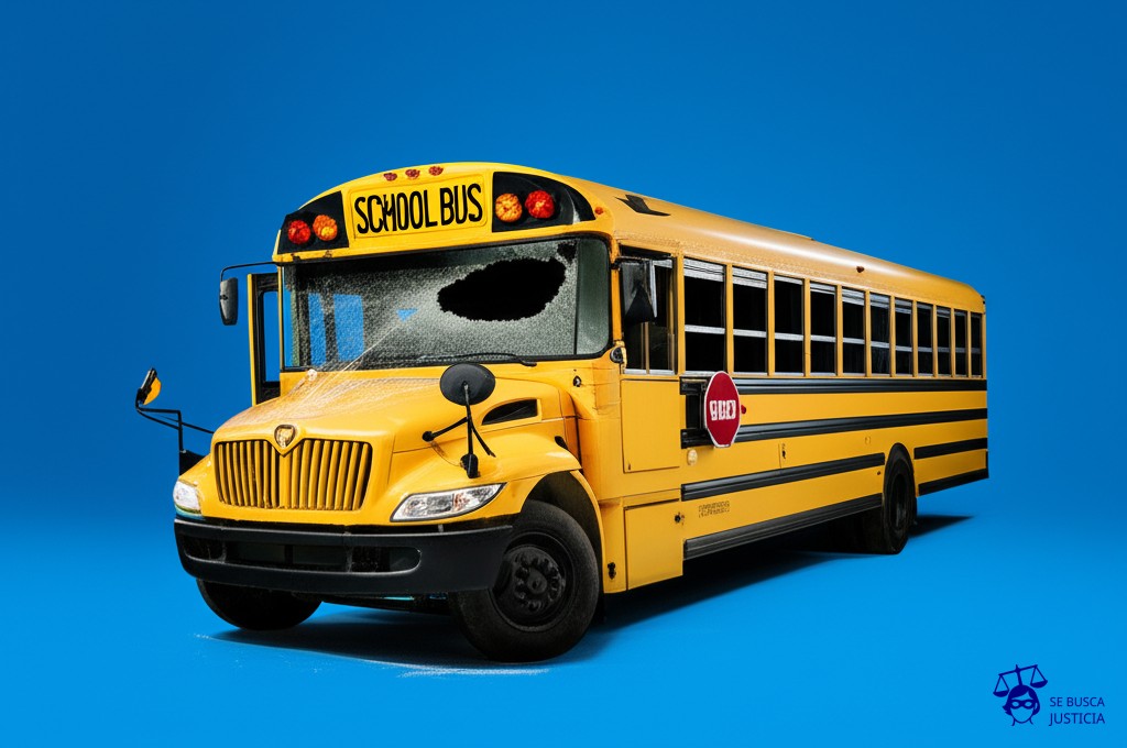 Un autobús escolar destrozado, con un gran agujero donde debería estar el parabrisas, y una enorme telaraña cubriéndolo por completo. Representa: Problemas con la cobertura de seguros para transporte de personal