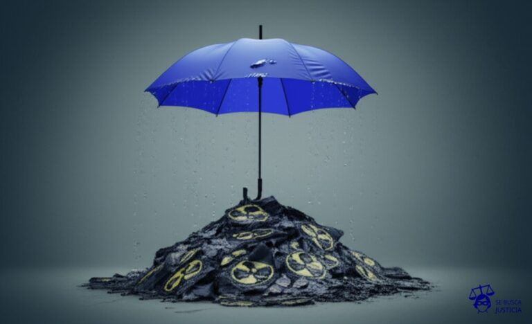 Un paraguas agujereado, goteando sobre una pila de residuos tóxicos. Representa: Problemas con la cobertura en seguros para responsabilidad ambiental