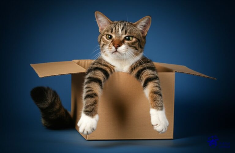 Un gato intentando meterse en una caja de cartón que es claramente demasiado pequeña para él, con las patas y la cola sobresaliendo. Representa: Problemas con la implementación del derecho internacional consuetudinario