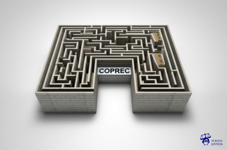 Un laberinto con una salida marcada como COPREC, pero la salida está bloqueada por una pila gigante de burocracia en forma de ladrillos. Representa: Problemas con la resolución de disputas de consumo a través de COPREC