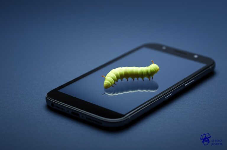 Un gusano comiendo vorazmente una pantalla de teléfono. Representa: Problemas con la validez de pólizas digitales