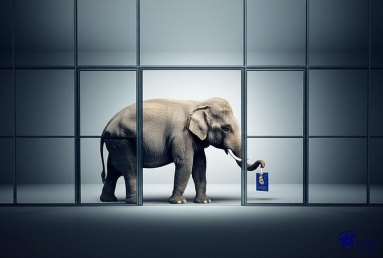 Un elefante en una cristalería, con un pequeño seguro de responsabilidad civil en la trompa. Representa: Problemas con seguros de responsabilidad civil