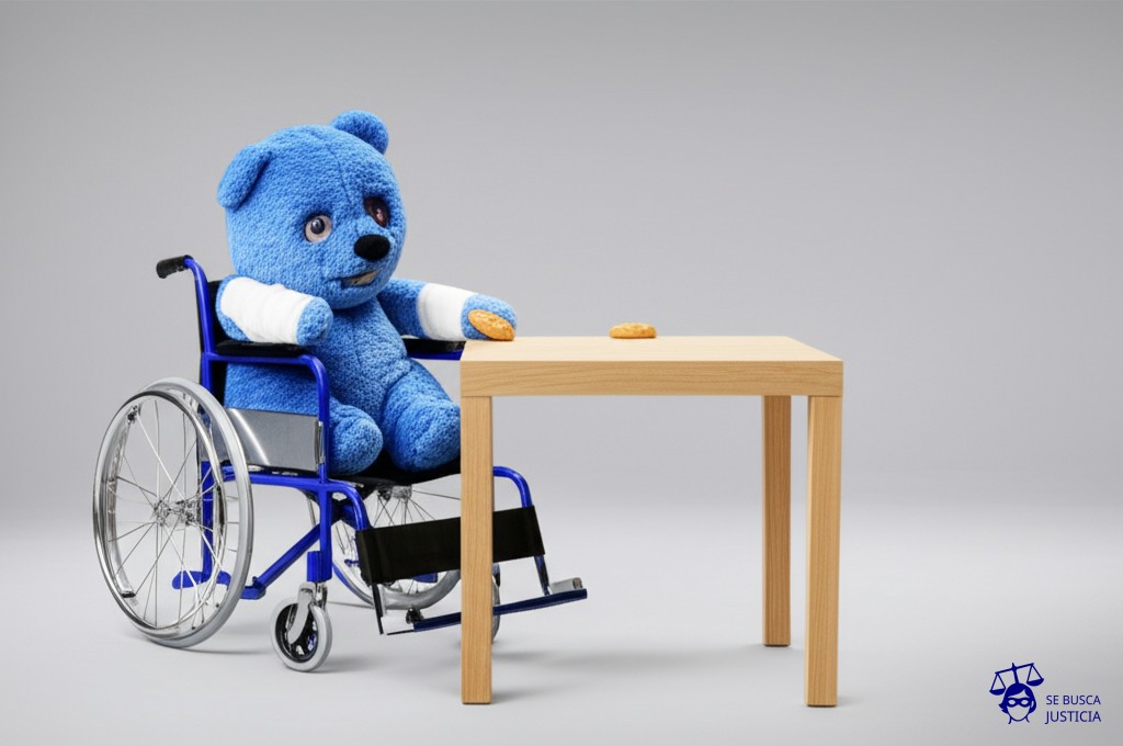Un gran osito de peluche, con un brazo vendado y un ojo morado, sentado en una silla de ruedas, intentando desesperadamente alcanzar una galleta en una mesa que está fuera de su alcance. Representa: Problemas con seguros de salud o accidentes personales vinculados a la empresa