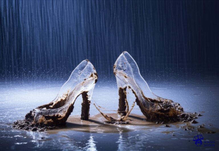 Un par de zapatos de cristal (como los de Cenicienta) rotos y llenos de barro, colocados bajo una lluvia torrencial. Representa: Problemas con seguros para daños por fenómenos naturales