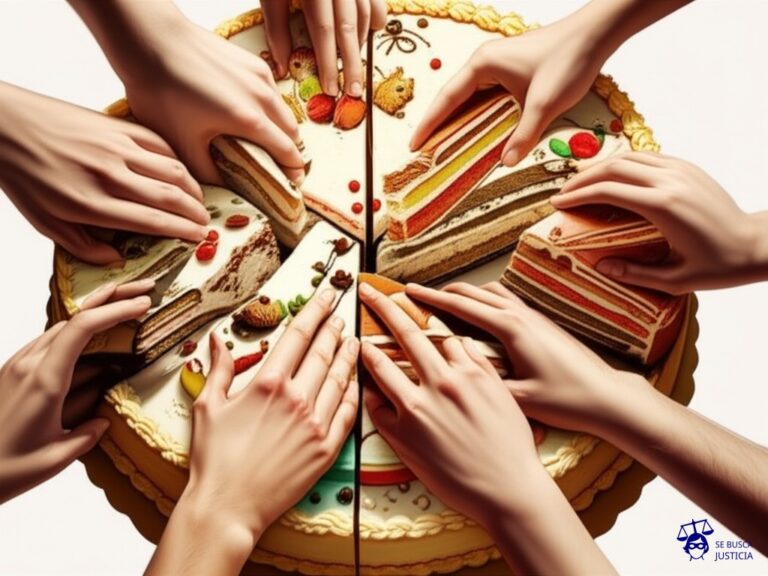 Un pastel gigante, decorado con múltiples capas y adornos extravagantes. Cada capa está cortada de forma irregular, mostrando diferentes tipos de relleno y cobertura. Un grupo de manos (sin cuerpos visibles) se pelean por un trozo específico del pastel. Representa: Problemas de atribución en obras colaborativas de código abierto