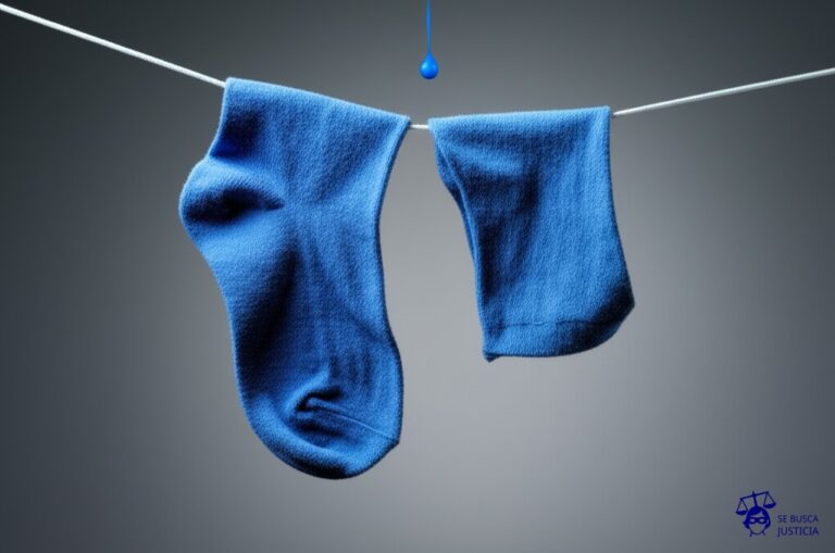 Un par de calcetines empapados, colgando de una cuerda de tender la ropa, con una gotera constante cayendo sobre ellos desde un techo imaginario. Representa: Problemas de humedad no resueltos por el propietario