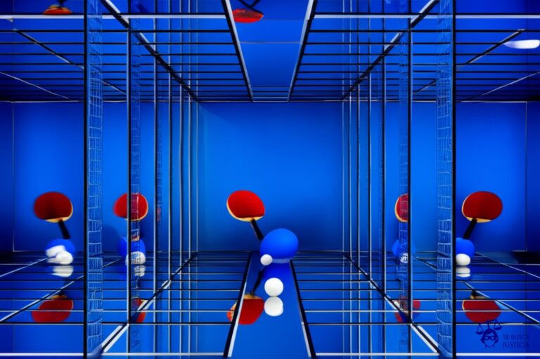 Un laberinto infinito de espejos que reflejan una pelota de ping pong rebotando caóticamente. Representa: Problemas de jurisdicción en infracciones cometidas por internet