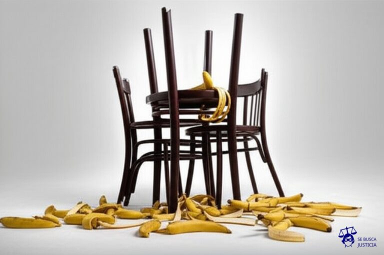 Un grupo de sillas de diferentes estilos y tamaños, todas apiladas inestablemente sobre un suelo resbaladizo cubierto de cáscaras de plátano. Una de las sillas, en la parte superior, tiene una pata rota. Representa: Problemas derivados del reconocimiento diplomático de nuevos Estados