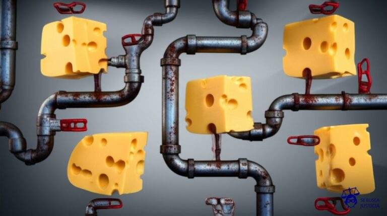 Un laberinto de tuberías retorcidas y oxidadas, con fugas en múltiples puntos, conectando bloques de queso suizo irregulares. Representa: Problemas en el cruce de información con bases de datos externas