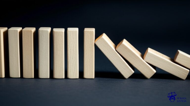 Un dominó gigante, finamente alineado, a punto de caer. La última pieza, en lugar de caer, está atascada y torcida, impidiendo el efecto dominó. Representa: Problemas en la ejecución de sentencias extranjeras comerciales