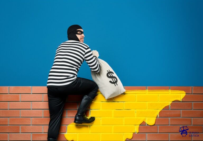 Un ladrón con una bolsa de botín, intentando escalar un muro de ladrillos cubierto de mantequilla. Representa: Problemas en la interpretación de coberturas para robo con violencia