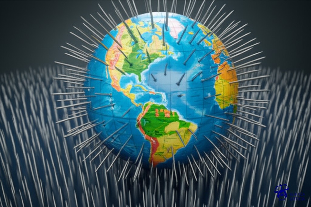 Un gigantesco globo terráqueo (representando el producto) atascado en un laberinto de púas metálicas oxidadas. Representa: Problemas legales con garantías comerciales de productos