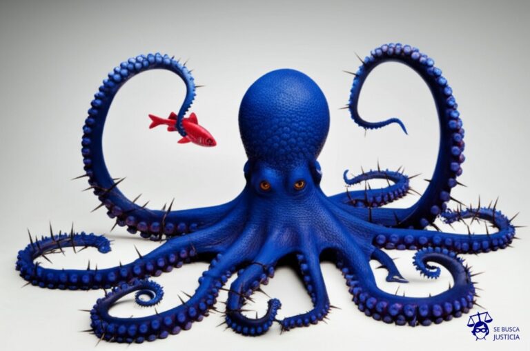 Un gran pulpo (la empresa absorbente) tragando un pez pequeño (la empresa absorbida), pero con tentáculos enredados en un laberinto de espinas. Representa: Problemas legales derivados de la fusión por absorción