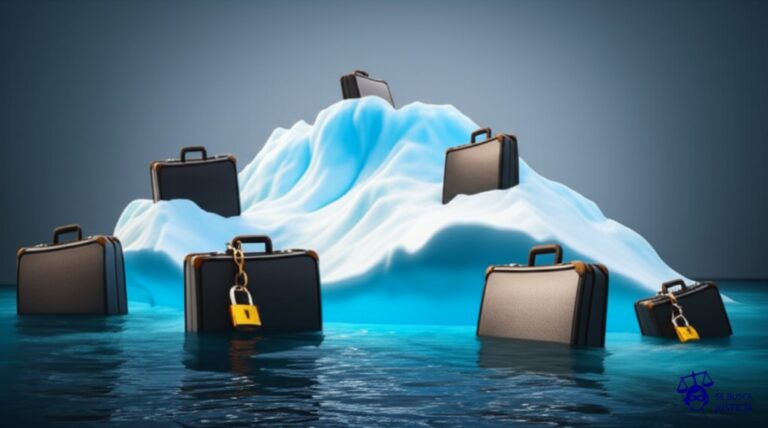 Un iceberg derritiéndose, con una fila de maletas flotando a su alrededor, cada una con un candado oxidado. Representa: Problemas legales derivados del cambio climático (migración