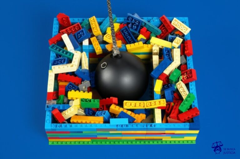 Un laberinto intrincado, construido con bloques de Lego desordenados y con una gran bola de demolición a punto de impactar. Representa: Problemas legales en la constitución de sociedades