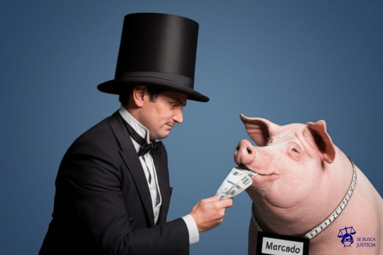 Un hombre con un gran sombrero de copa (representando a un ejecutivo) alimentando a un cerdo con fajos de billetes. El cerdo, obeso y contento, lleva un collar con una etiqueta que dice Mercado. Representa: Problemas legales por uso de información privilegiada