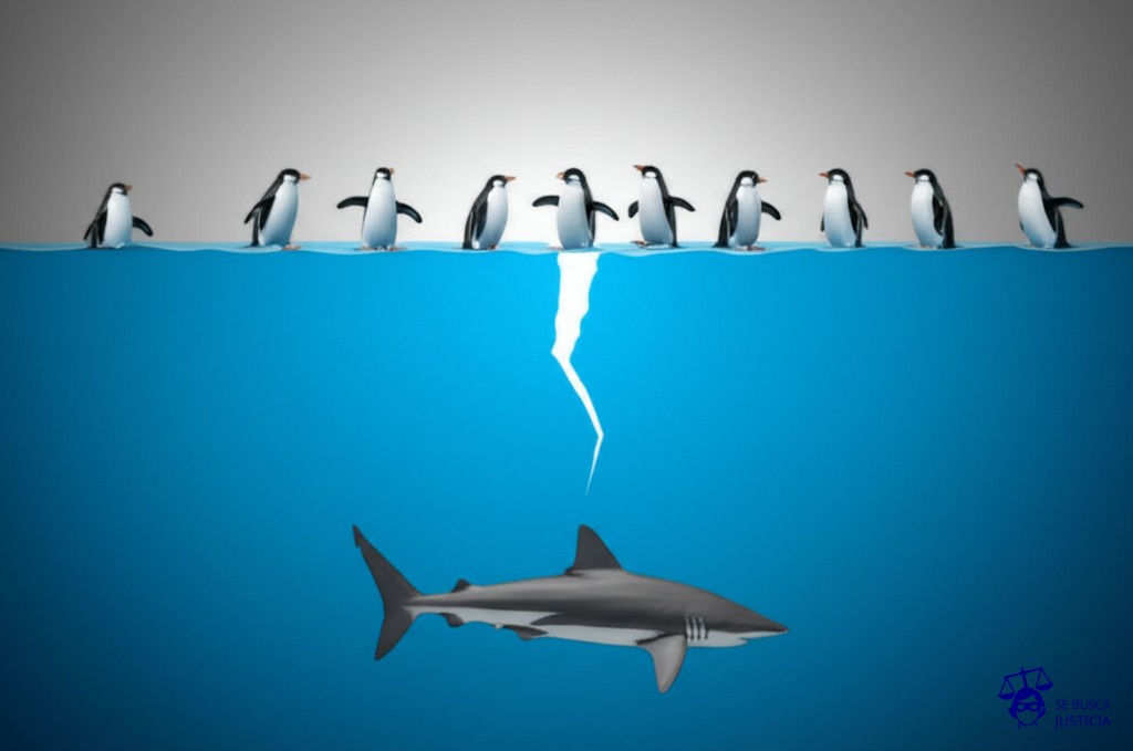 Un gran iceberg visible (los activos societarios) con una pequeña grieta que se extiende por su base, y un grupo de pequeños pingüinos (los compradores/vendedores) nadando alegremente alrededor del iceberg, mientras un tiburón (los problemas legales) emerge sigilosamente desde abajo, con la aleta dorsal asomando amenazadoramente. Representa: Problemas legales por venta de activos societarios