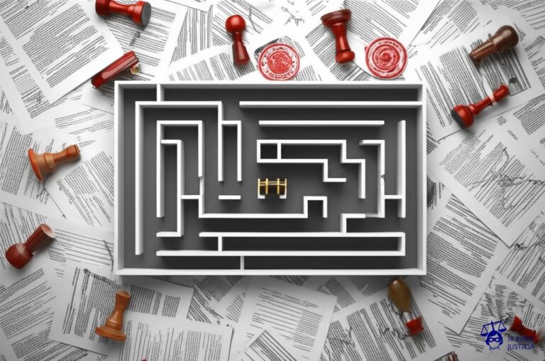 Un laberinto intrincado y absurdo hecho completamente de burocracia: montañas de formularios, sellos gigantes, y un camino sinuoso que parece no tener fin, con un pequeño cofre del tesoro (representando la indemnización) en el centro, visible pero inalcanzable. Representa: Problemas para cobrar indemnización del seguro