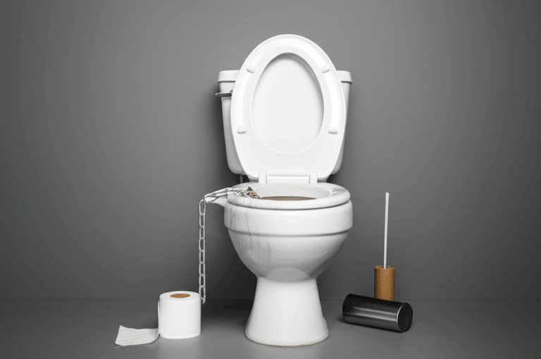 Un inodoro desbordado, con una cadena de inodoro rota y un rollo de papel higiénico vacío al lado. Representa: Problemas por falta de renovación automática