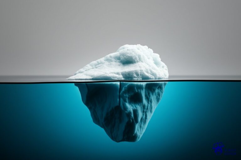 Un iceberg con una gran grieta visible, pero con una pequeña porción visible sobre la superficie del agua. Representa: Problemas por importaciones no declaradas